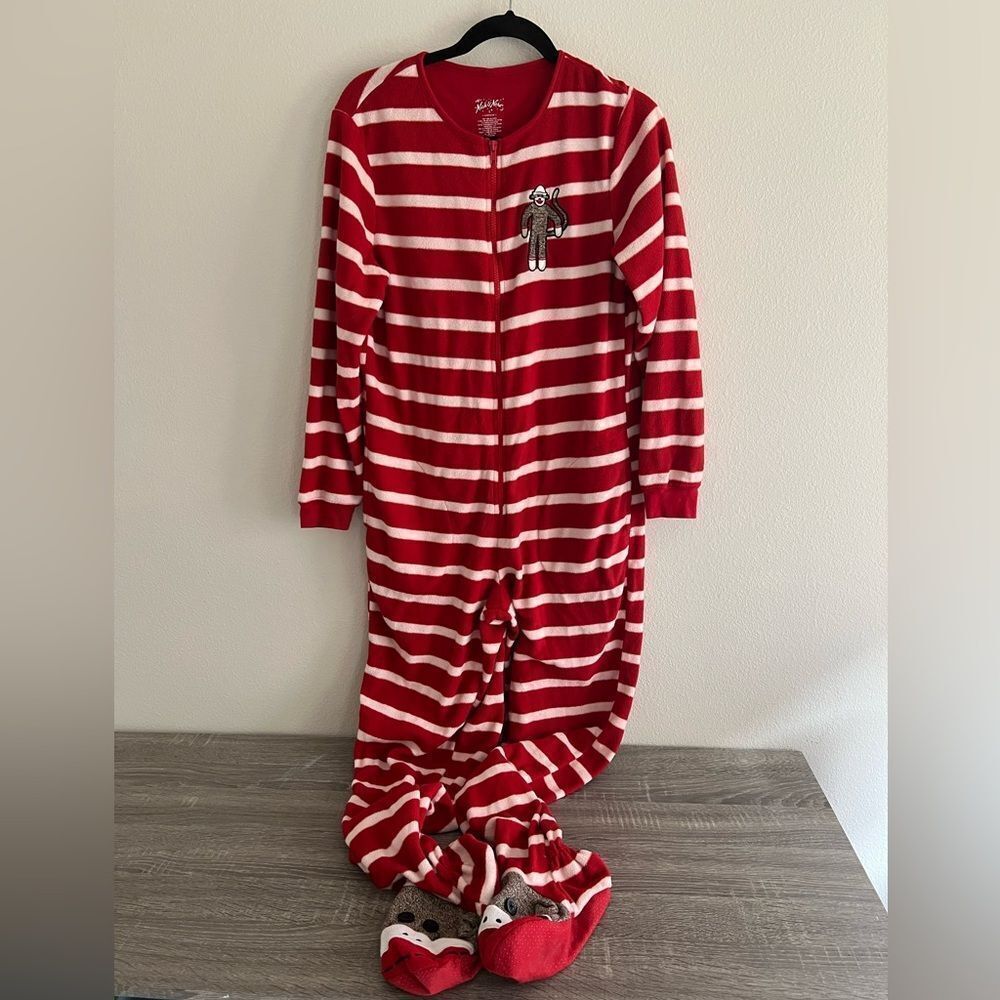 Nick & Nora red and white striped one-piece footed pajamas S